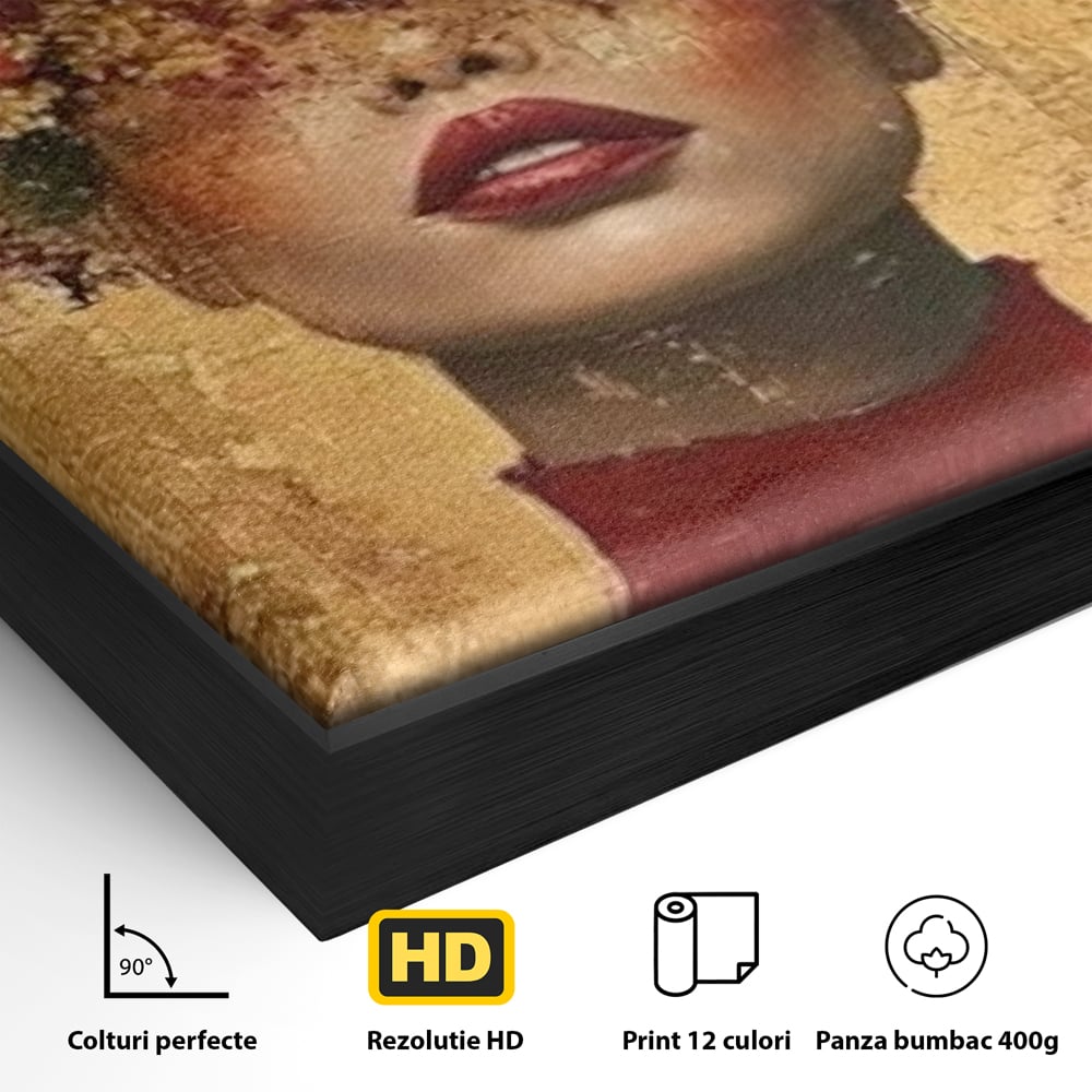 Detaliu al suprafetei: tablou canvas cu portret de femeie si flori, in rama de aluminiu negru