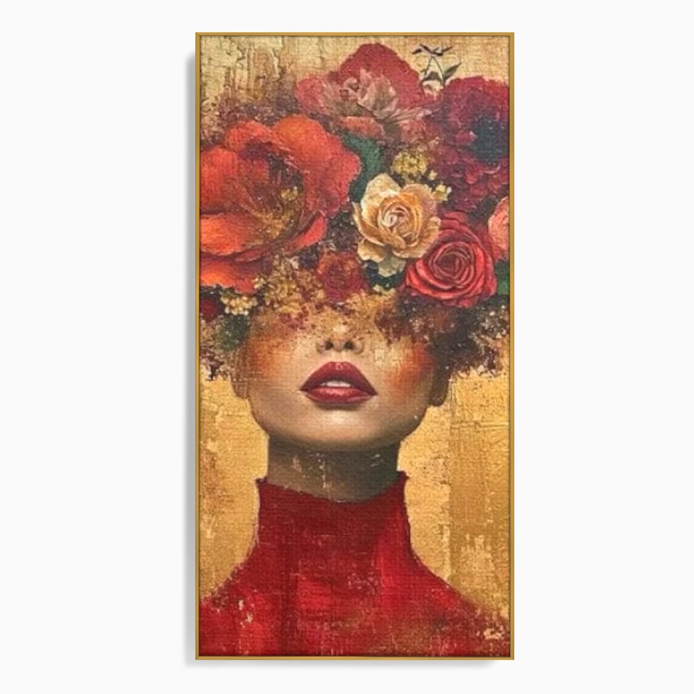 Tablou canvas cu tablou canvas cu portret de femeie si flori, in rama de aluminiu auriu