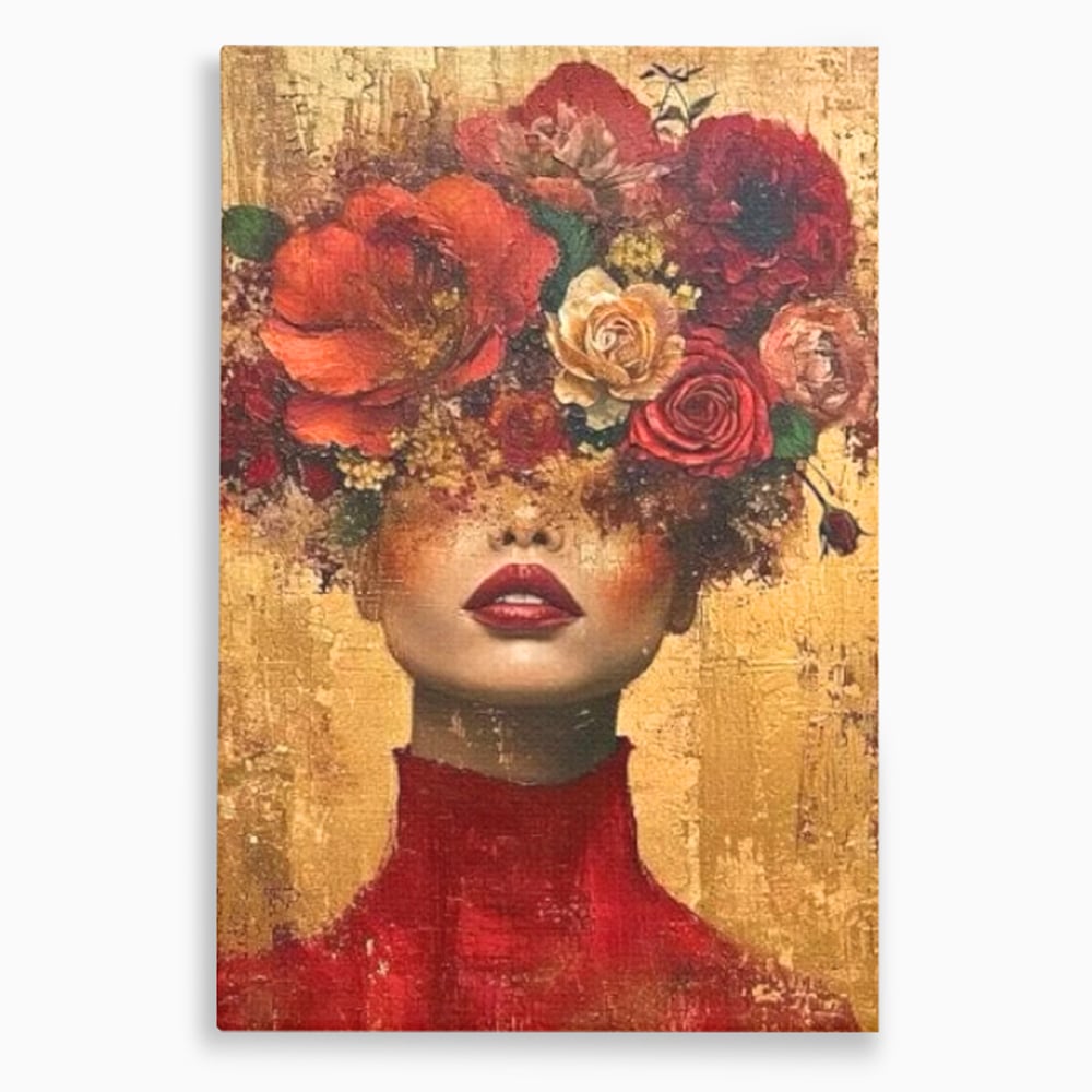 Tablou canvas cu tablou canvas cu portret de femeie si flori, fara rama, pe sasiu de lemn