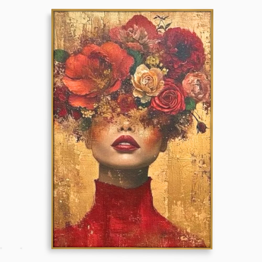 Tablou canvas cu tablou canvas cu portret de femeie si flori, in rama de aluminiu auriu