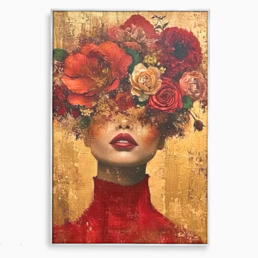 Tablou canvas cu tablou canvas cu portret de femeie si flori, in rama de aluminiu argintiu