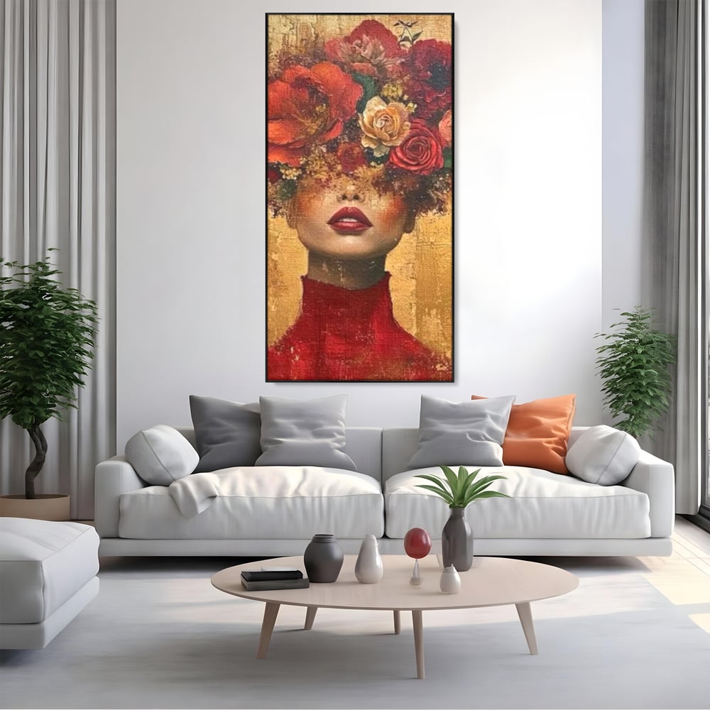 Tablou canvas cu tablou canvas cu portret de femeie si flori, in rama de aluminiu negru, pe perete intr-un living