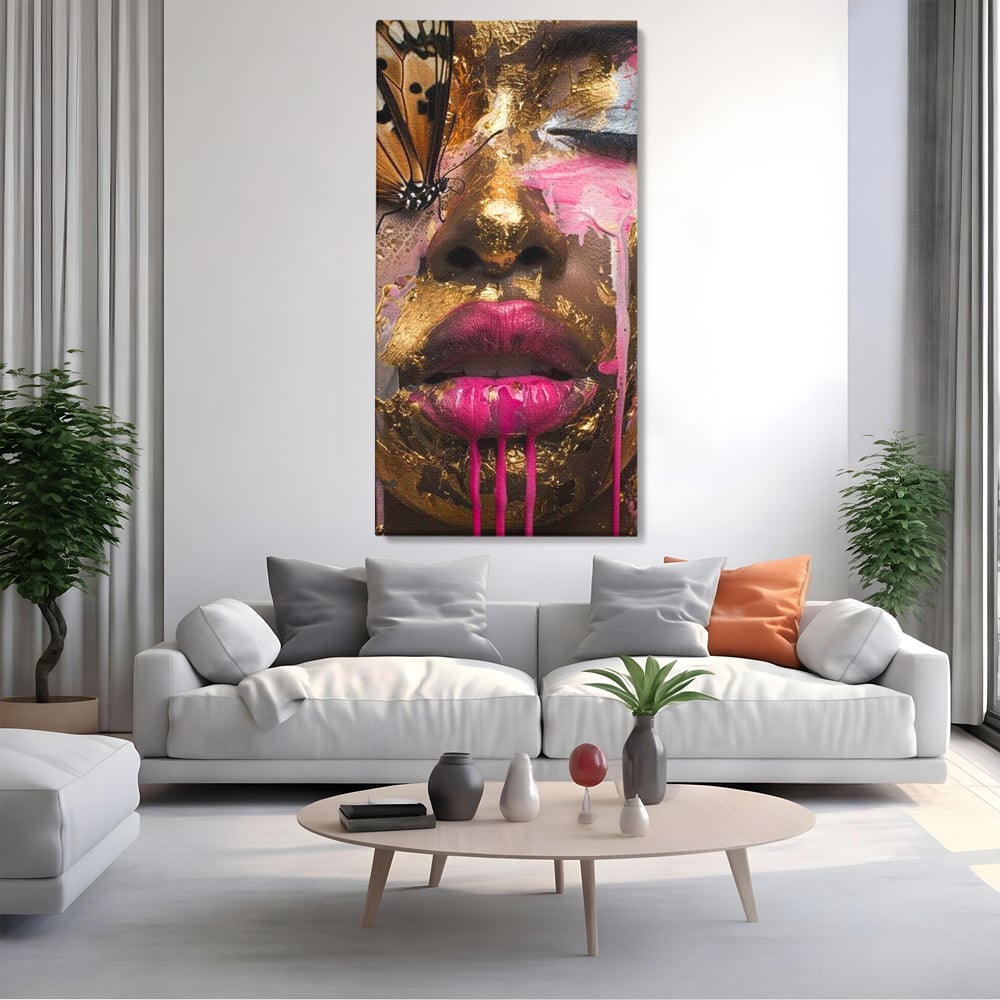 Tablou canvas cu tablou canvas cu portret artistic de femeie, fara rama, pe sasiu de lemn, pe perete intr-un living