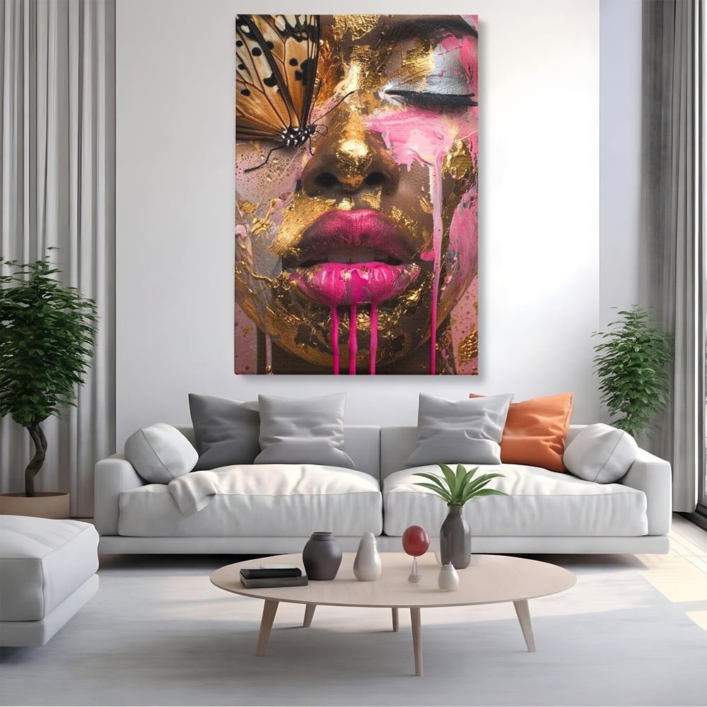 Tablou canvas cu tablou canvas cu portret artistic de femeie, fara rama, pe sasiu de lemn, pe perete intr-un living