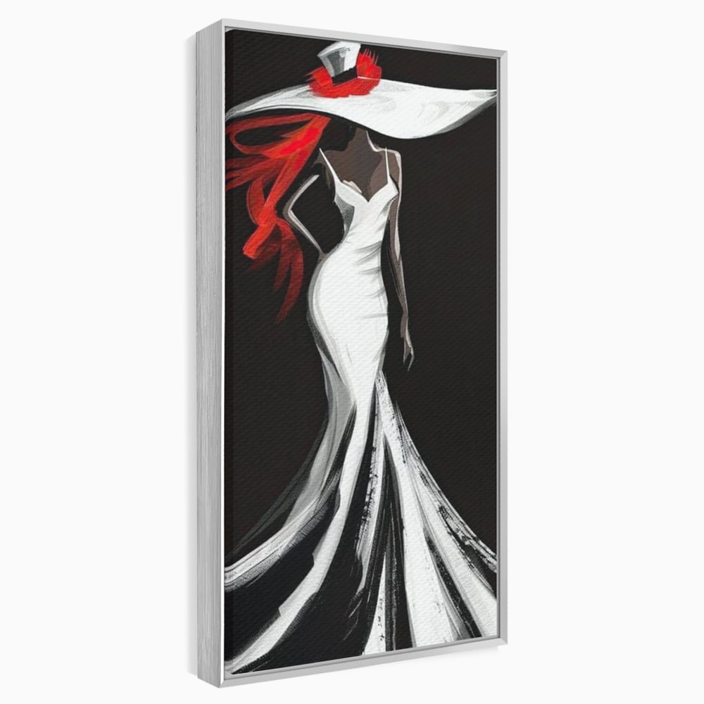 Tablou canvas cu tablou canvas cu silueta de femeie in rochie alba, in rama de aluminiu argintiu