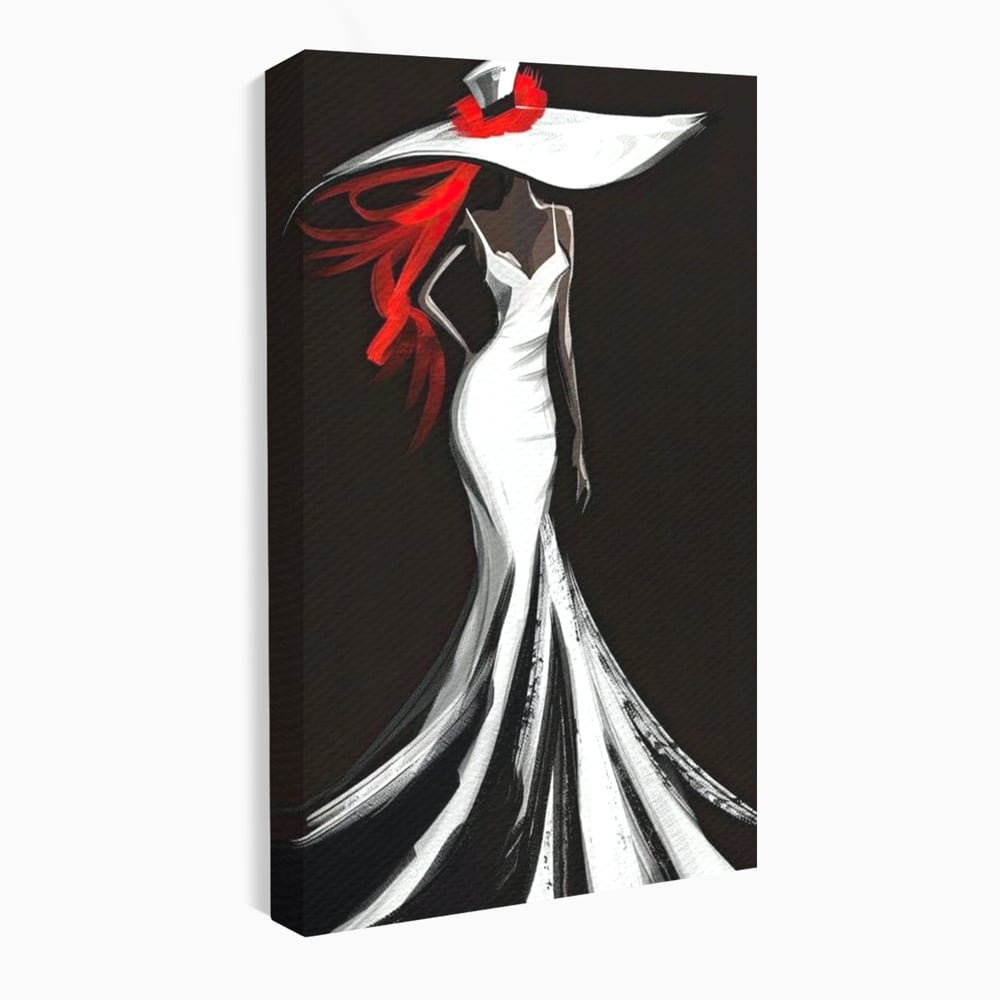 Tablou canvas cu tablou canvas cu silueta de femeie in rochie alba, fara rama, pe sasiu de lemn