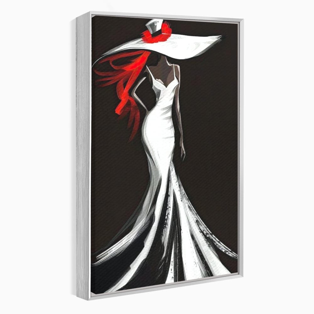 Tablou canvas cu tablou canvas cu silueta de femeie in rochie alba, in rama de aluminiu argintiu