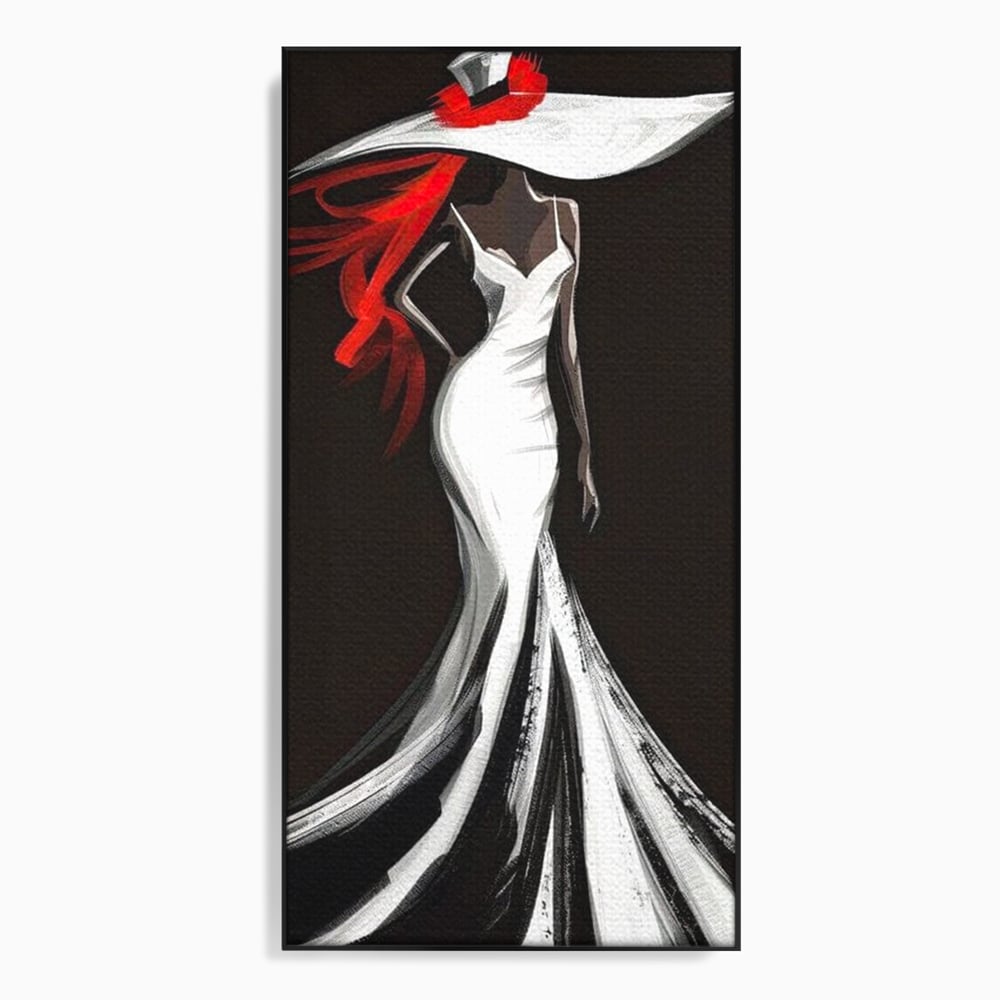 Tablou canvas cu tablou canvas cu silueta de femeie in rochie alba, in rama de aluminiu negru