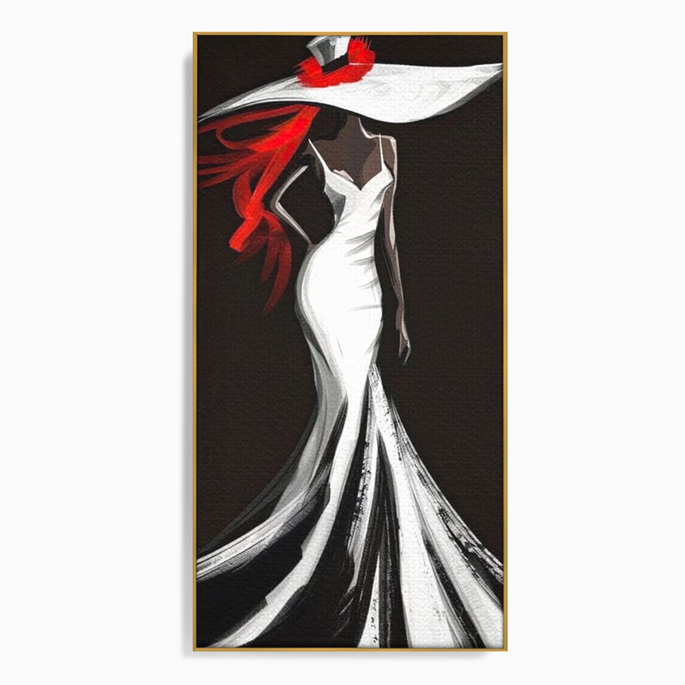 Tablou canvas cu tablou canvas cu silueta de femeie in rochie alba, in rama de aluminiu auriu