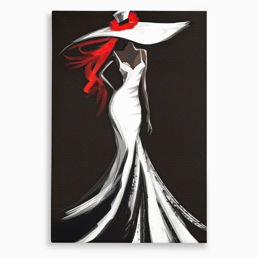Tablou canvas cu tablou canvas cu silueta de femeie in rochie alba, fara rama, pe sasiu de lemn
