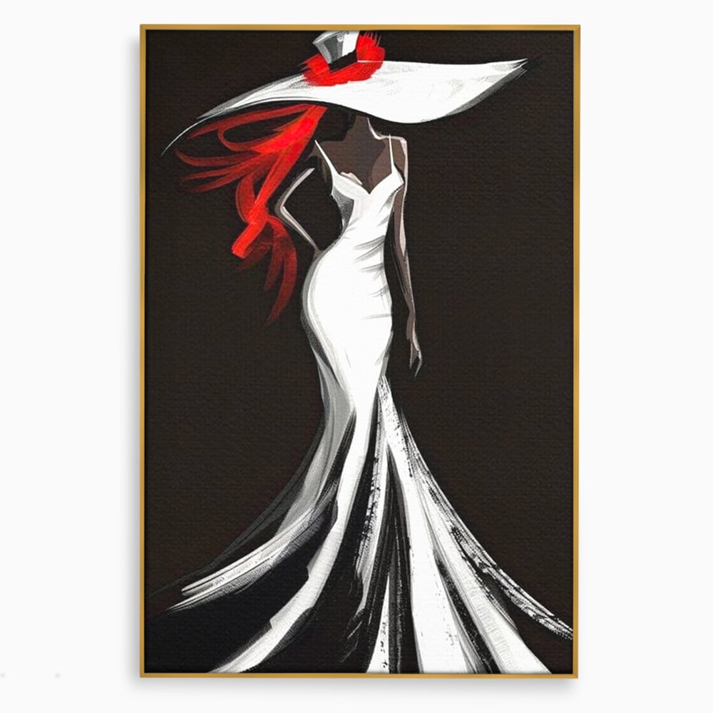 Tablou canvas cu tablou canvas cu silueta de femeie in rochie alba, in rama de aluminiu auriu