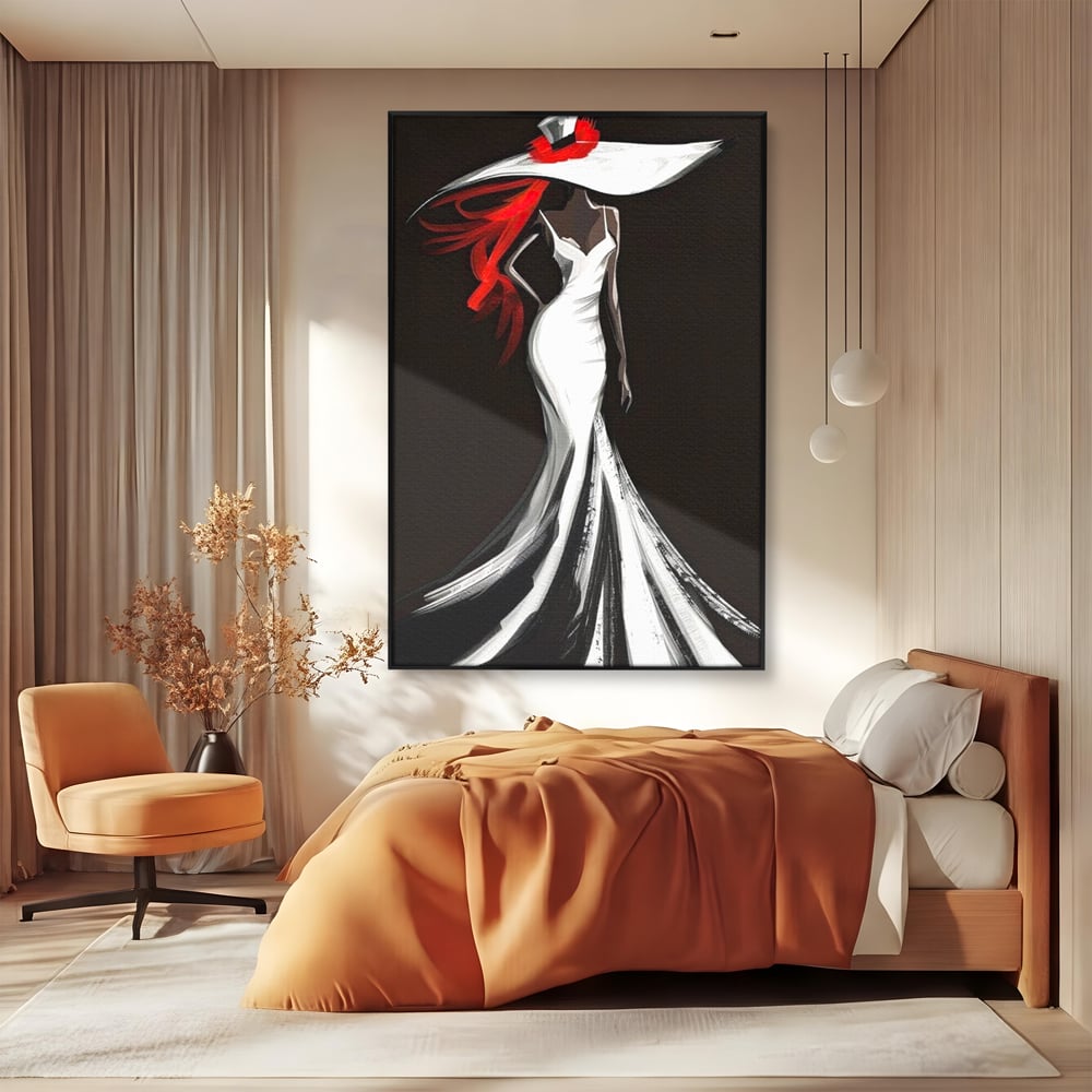 Tablou canvas cu tablou canvas cu silueta de femeie in rochie alba, in rama de aluminiu negru, pe perete intr-un dormitor