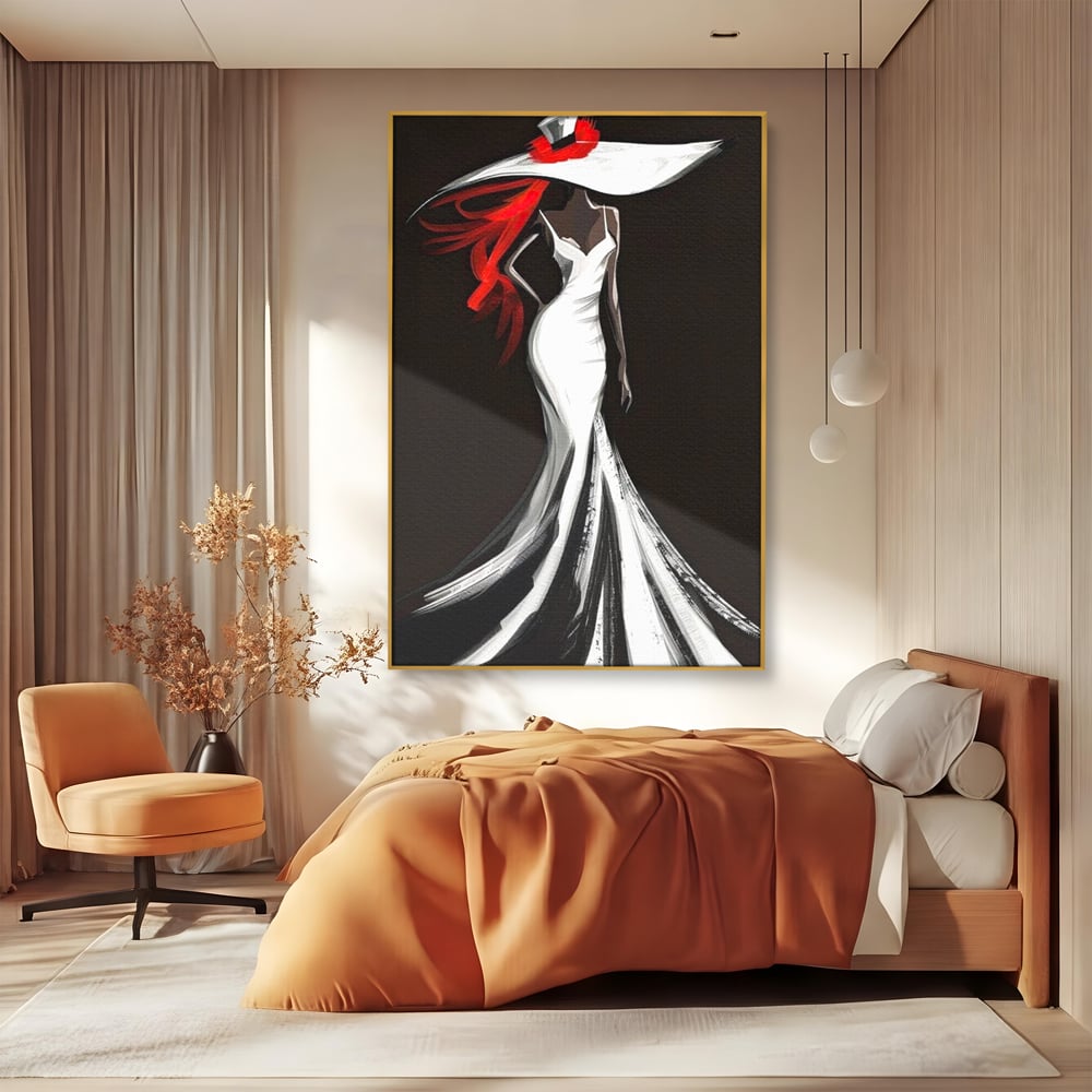 Tablou canvas cu tablou canvas cu silueta de femeie in rochie alba, in rama de aluminiu auriu, pe perete intr-un dormitor
