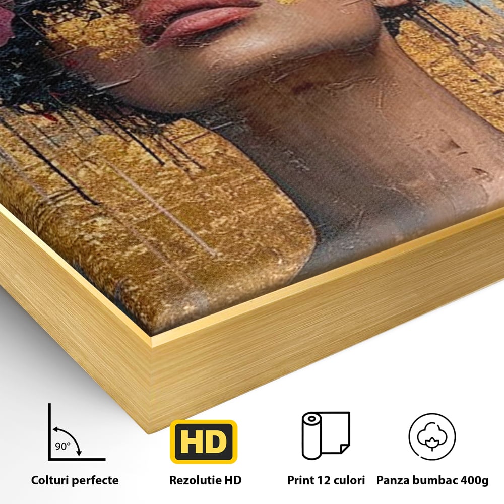 Detaliu al suprafetei: tablou canvas cu portret artistic si flori, in rama de aluminiu auriu