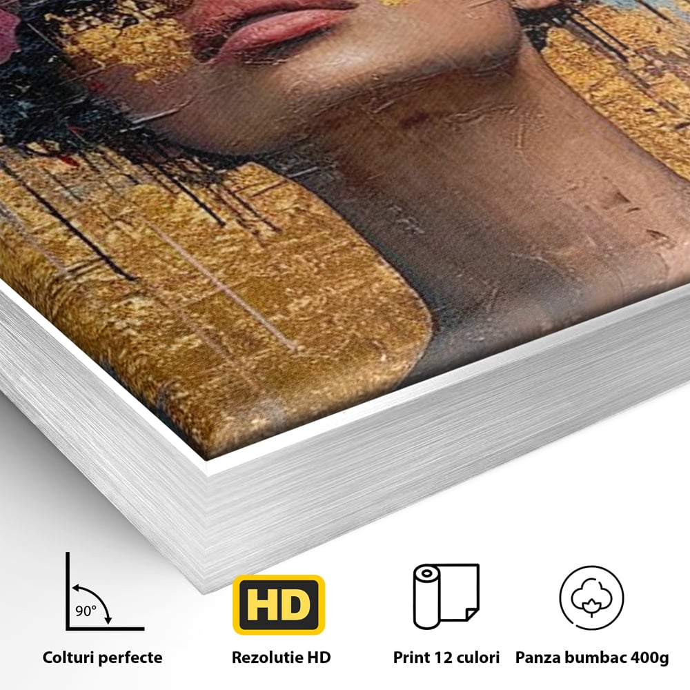 Detaliu al suprafetei: tablou canvas cu portret artistic si flori, in rama de aluminiu argintiu