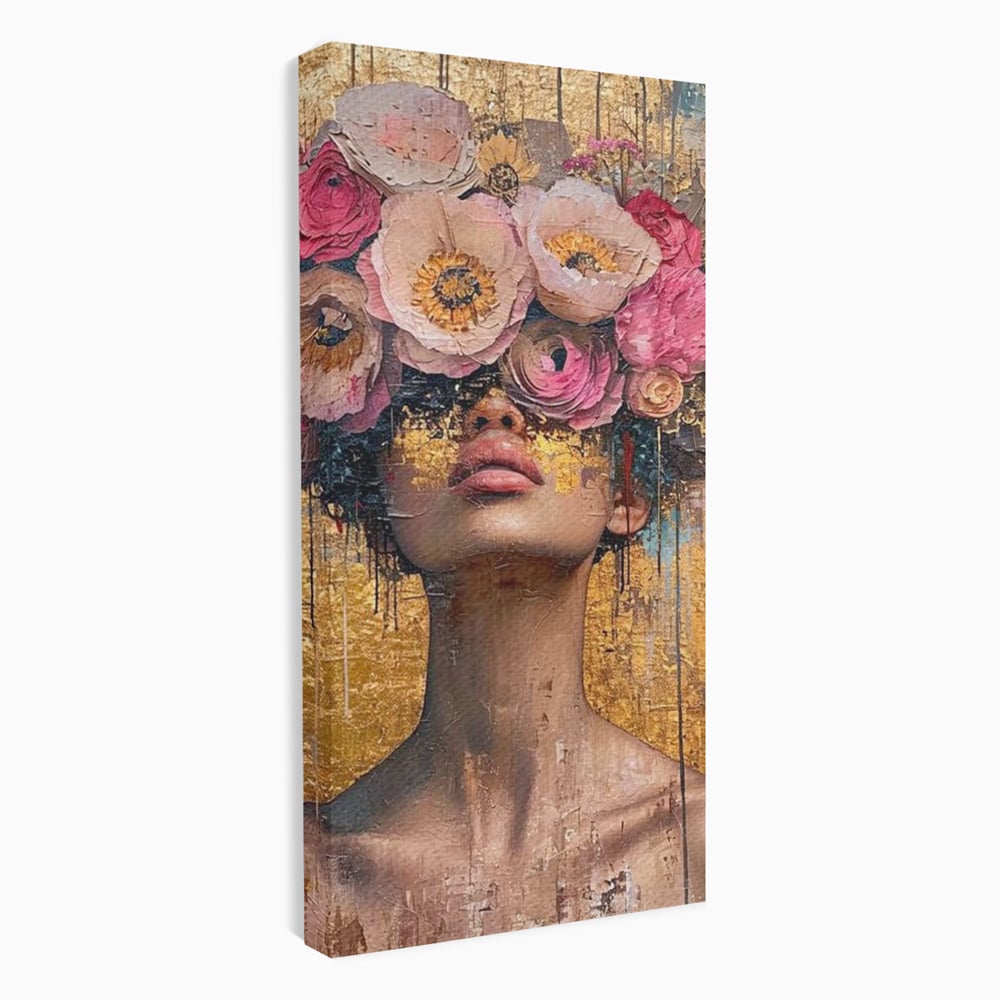 Tablou canvas cu tablou canvas cu portret artistic si flori, fara rama, pe sasiu de lemn