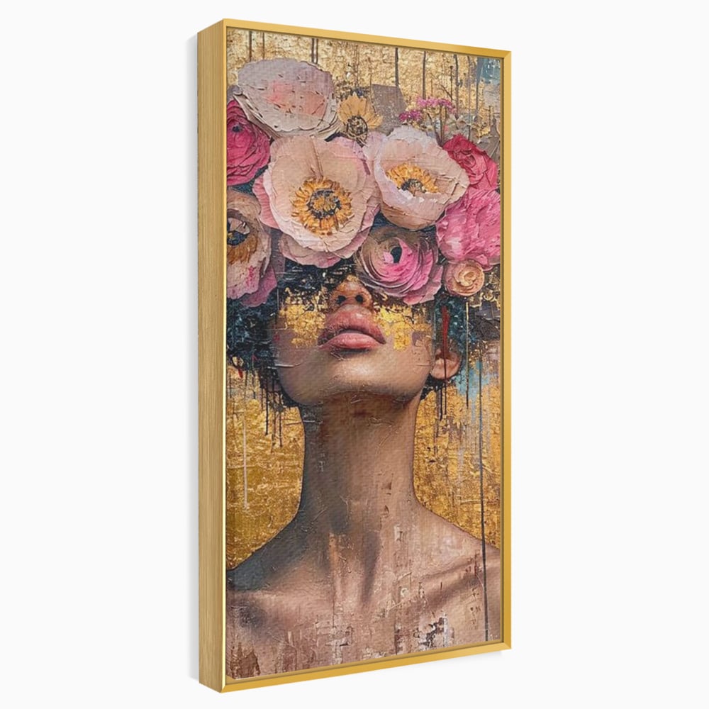 Tablou canvas cu tablou canvas cu portret artistic si flori, in rama de aluminiu auriu