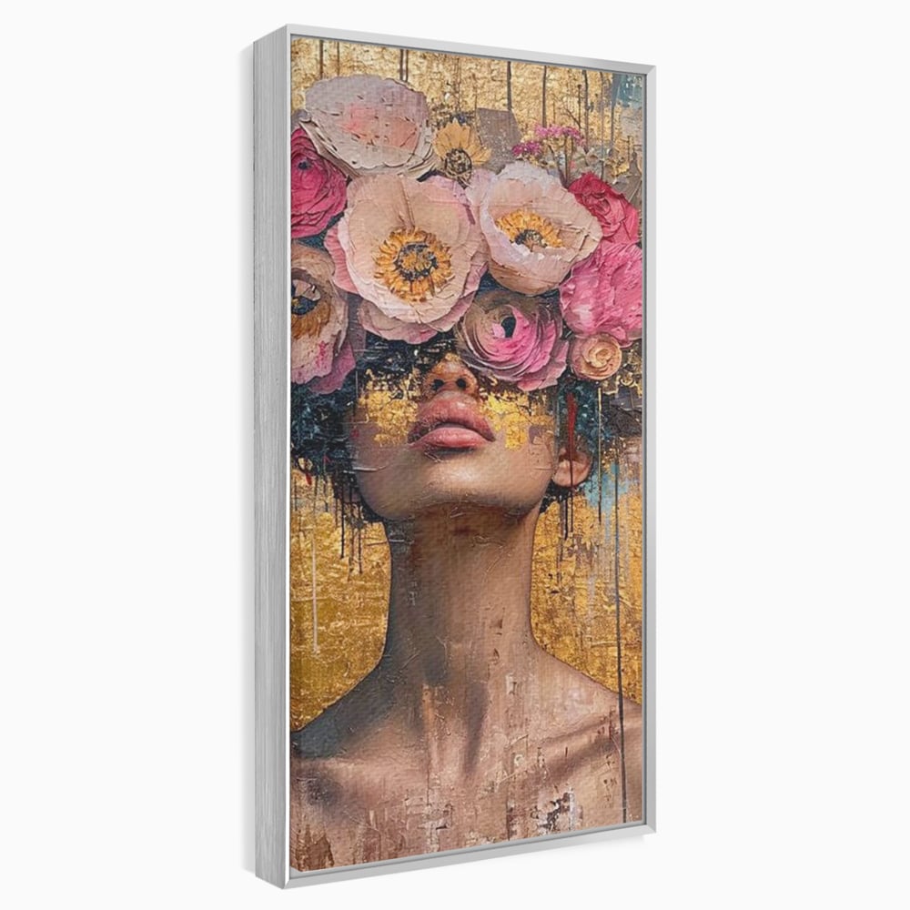 Tablou canvas cu tablou canvas cu portret artistic si flori, in rama de aluminiu argintiu