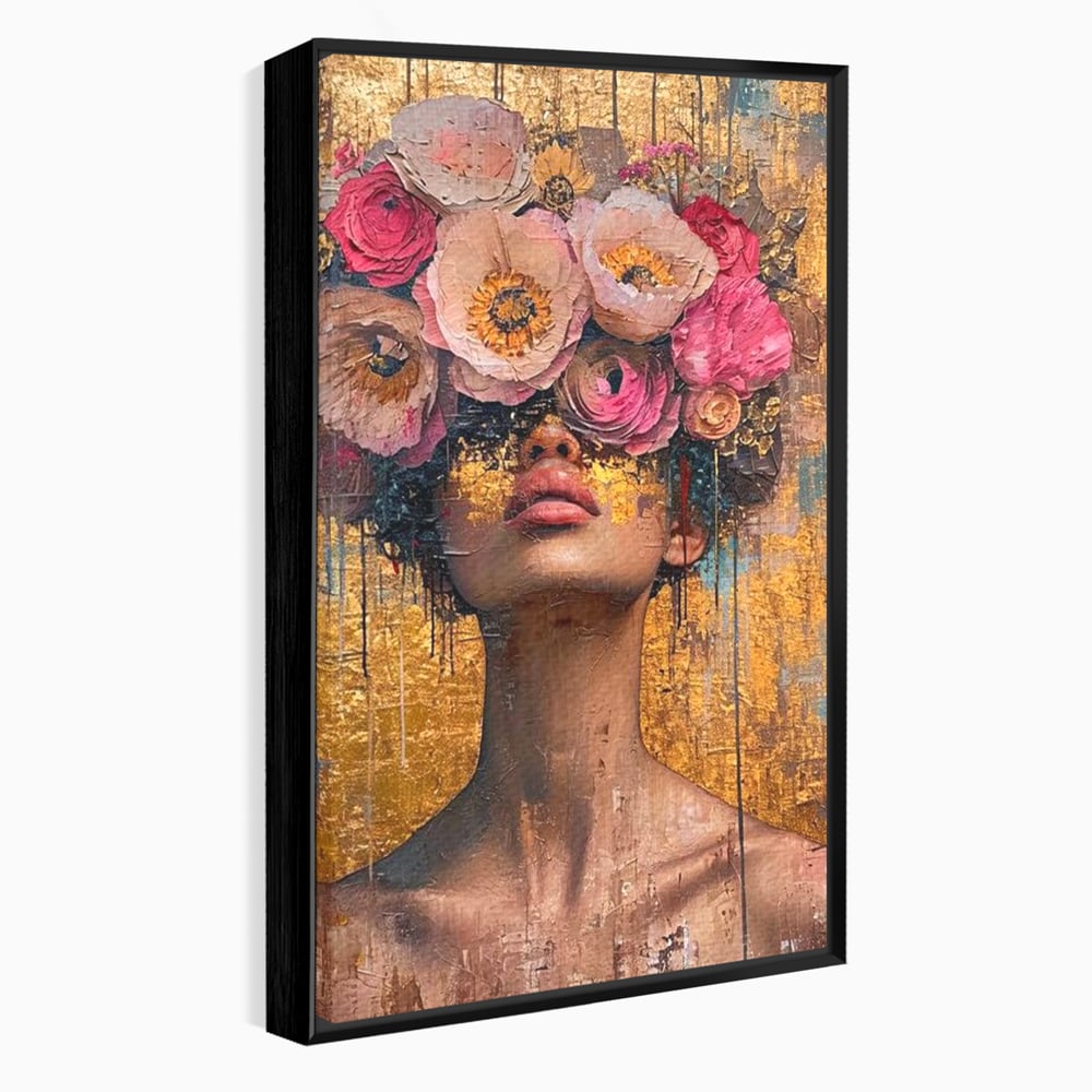 Tablou canvas cu tablou canvas cu portret artistic si flori, in rama de aluminiu negru