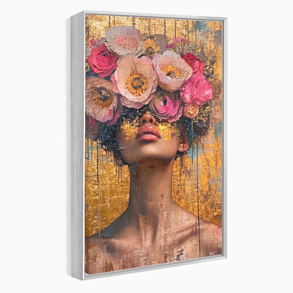 Tablou canvas cu tablou canvas cu portret artistic si flori, in rama de aluminiu argintiu
