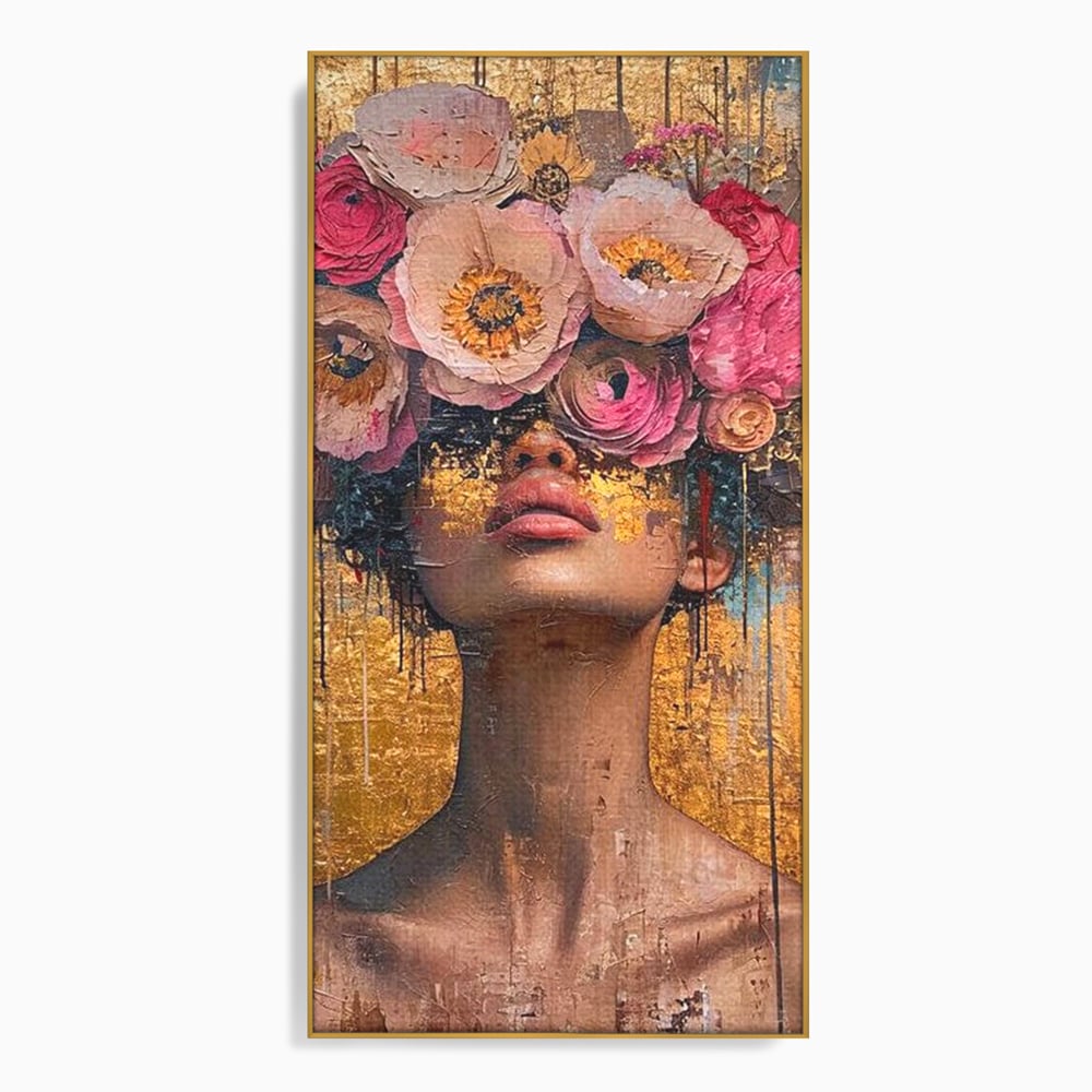 Tablou canvas cu tablou canvas cu portret artistic si flori, in rama de aluminiu auriu
