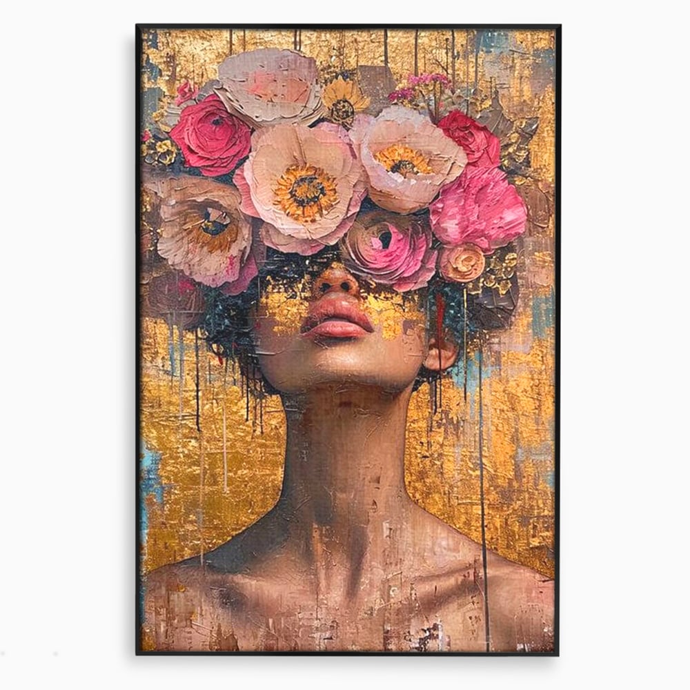 Tablou canvas cu tablou canvas cu portret artistic si flori, in rama de aluminiu negru