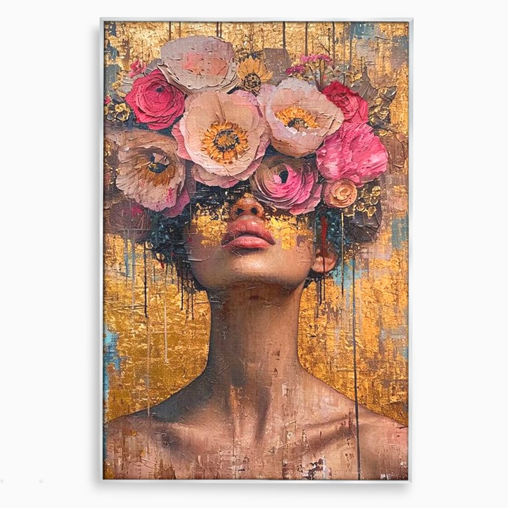 Tablou canvas cu tablou canvas cu portret artistic si flori, in rama de aluminiu argintiu