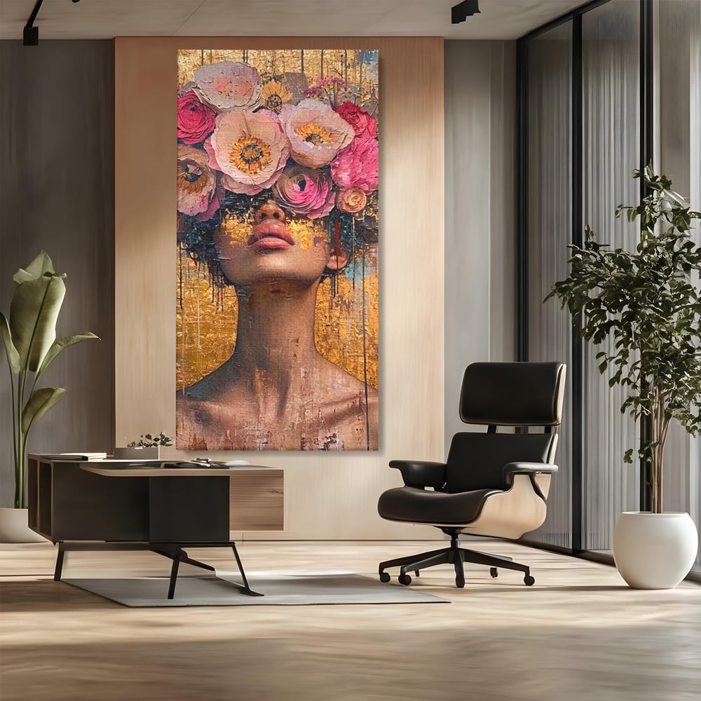 Tablou canvas cu tablou canvas cu portret artistic si flori, fara rama, pe sasiu de lemn, pe perete intr-un birou