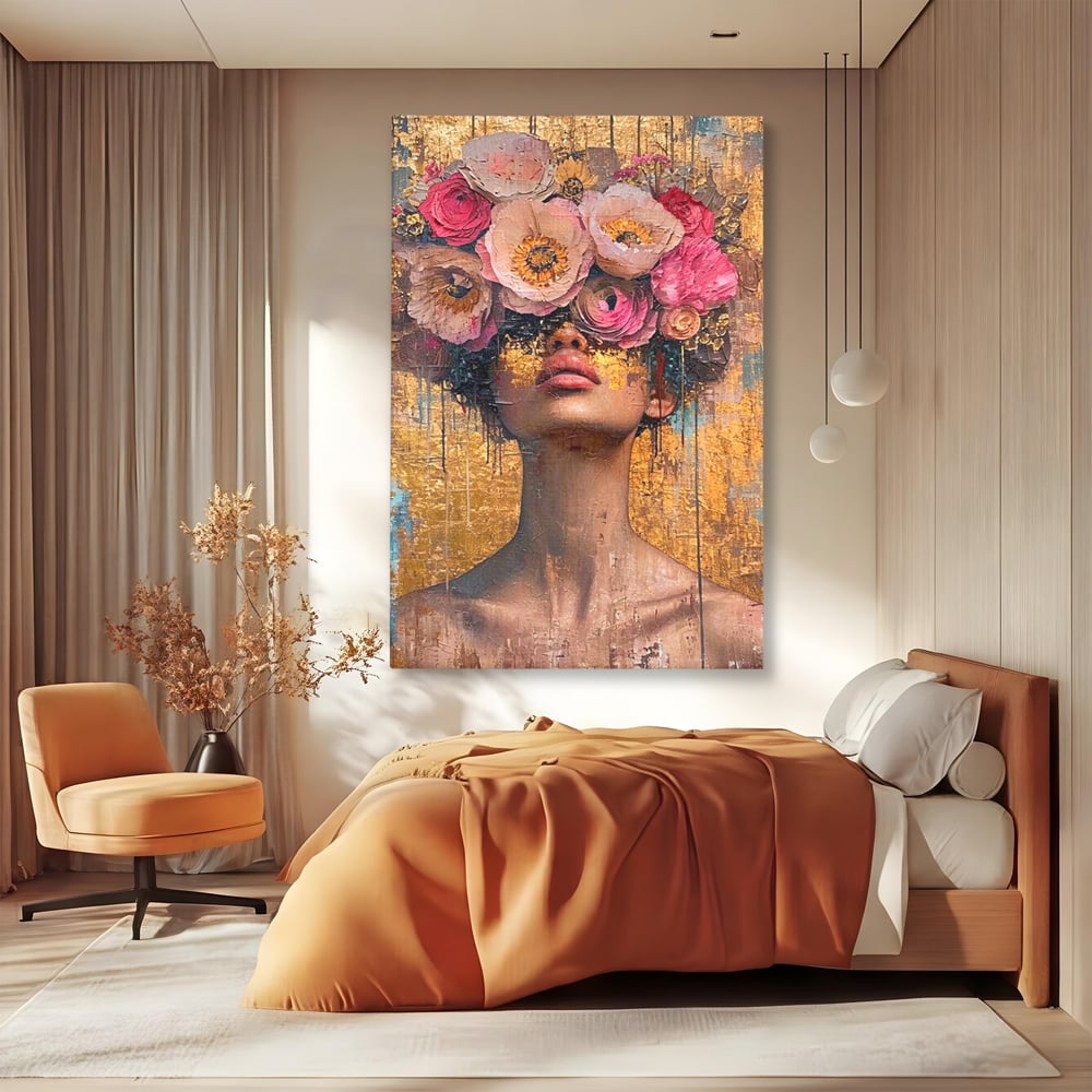 Tablou canvas cu tablou canvas cu portret artistic si flori, fara rama, pe sasiu de lemn, pe perete intr-un dormitor