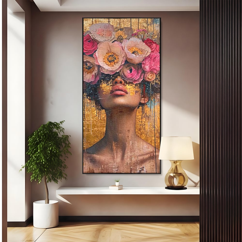 Tablou canvas cu tablou canvas cu portret artistic si flori, in rama de aluminiu negru