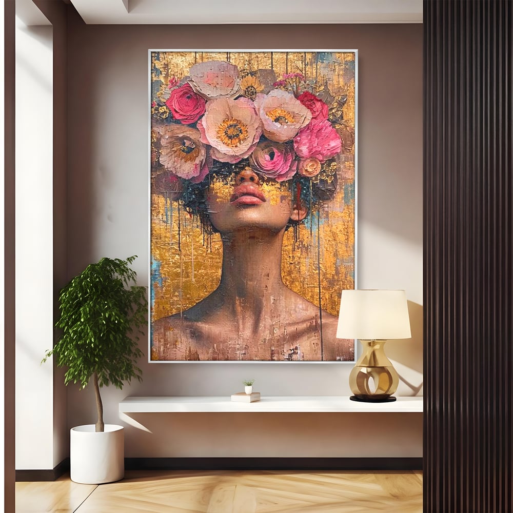 Tablou canvas cu tablou canvas cu portret artistic si flori, in rama de aluminiu argintiu
