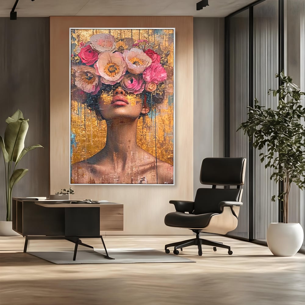 Tablou canvas cu tablou canvas cu portret artistic si flori, in rama de aluminiu argintiu, pe perete intr-un birou