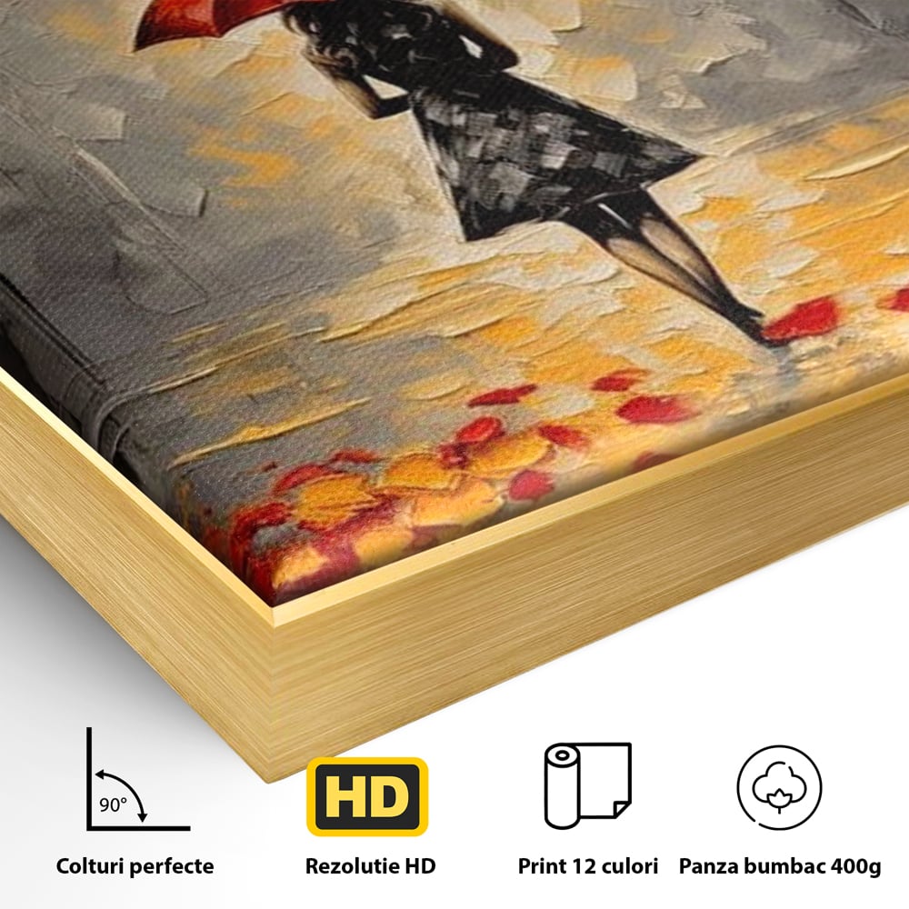Detaliu al suprafetei: tablou canvas cu femeie sub umbrela rosie, in rama de aluminiu auriu