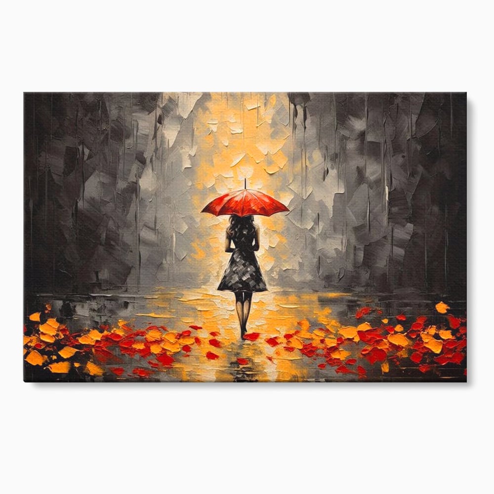 Tablou canvas cu tablou canvas cu femeie sub umbrela rosie, fara rama, pe sasiu de lemn