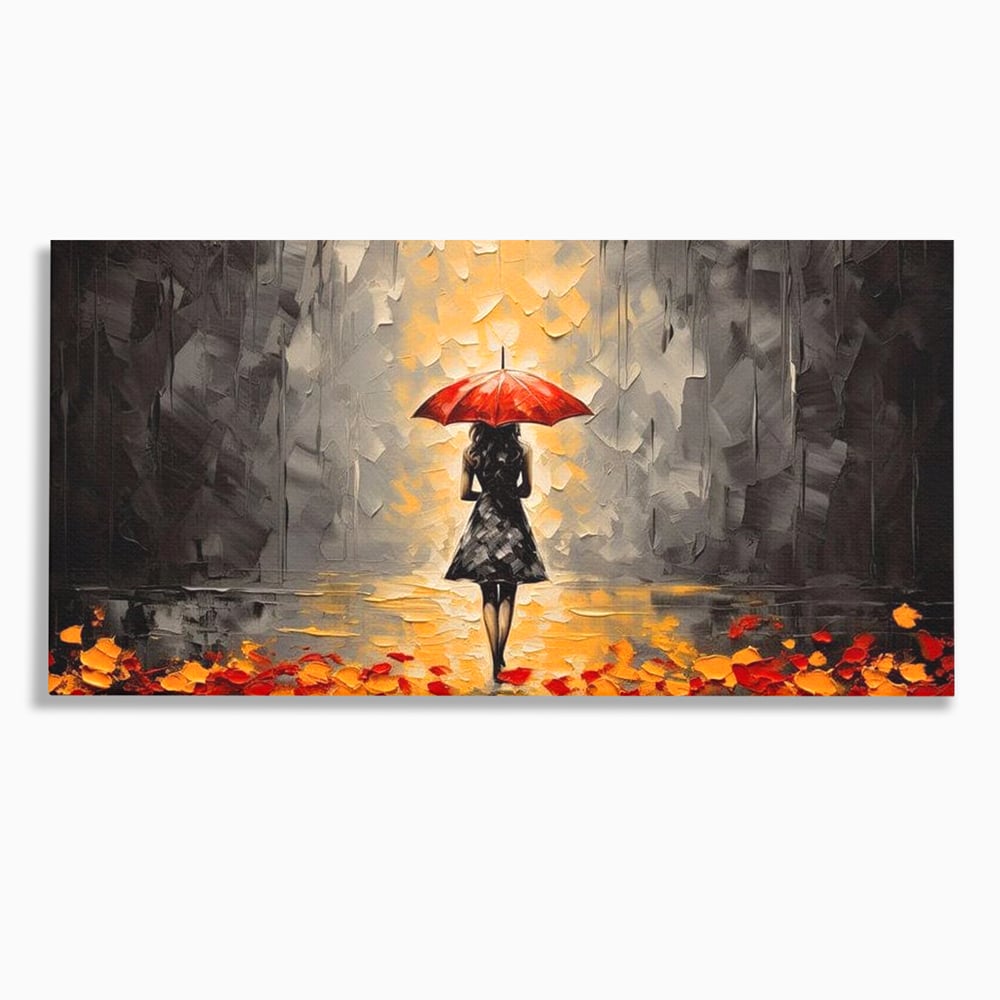Tablou canvas cu tablou canvas cu femeie sub umbrela rosie, fara rama, pe sasiu de lemn