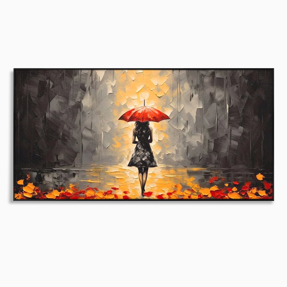 Tablou canvas cu tablou canvas cu femeie sub umbrela rosie, in rama de aluminiu negru