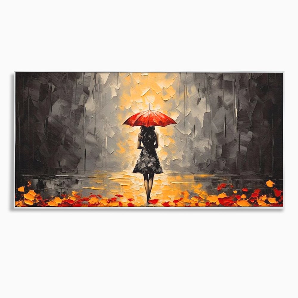 Tablou canvas cu tablou canvas cu femeie sub umbrela rosie, in rama de aluminiu argintiu