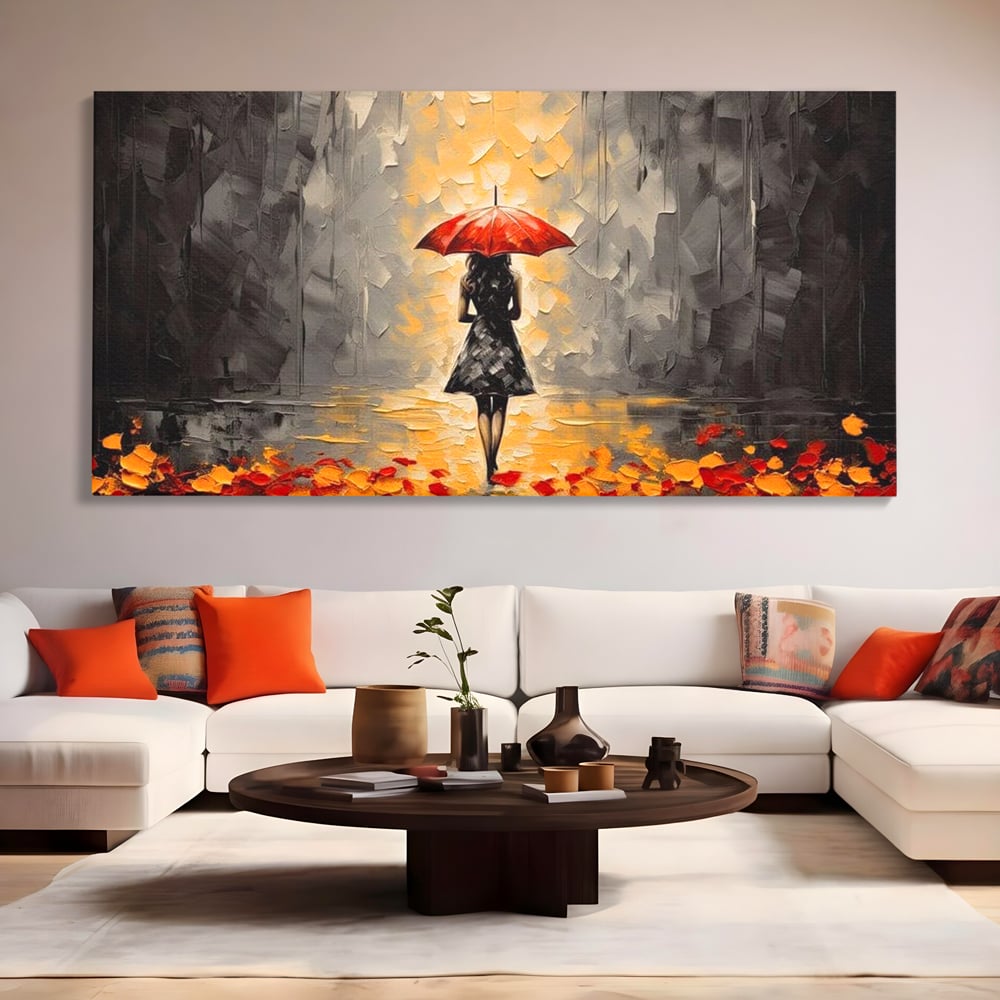 Tablou canvas cu tablou canvas cu femeie sub umbrela rosie, fara rama, pe sasiu de lemn, pe perete intr-un living