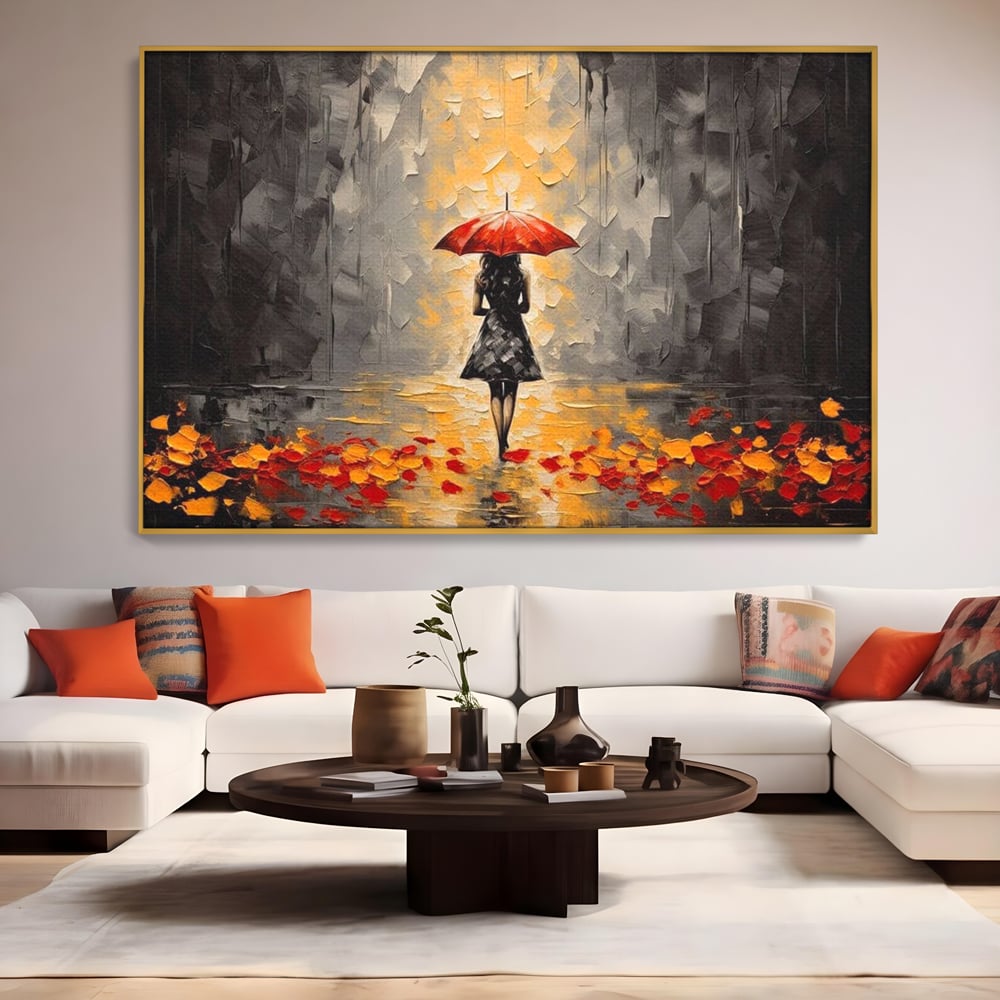 Tablou canvas cu tablou canvas cu femeie sub umbrela rosie, in rama de aluminiu auriu, pe perete intr-un living