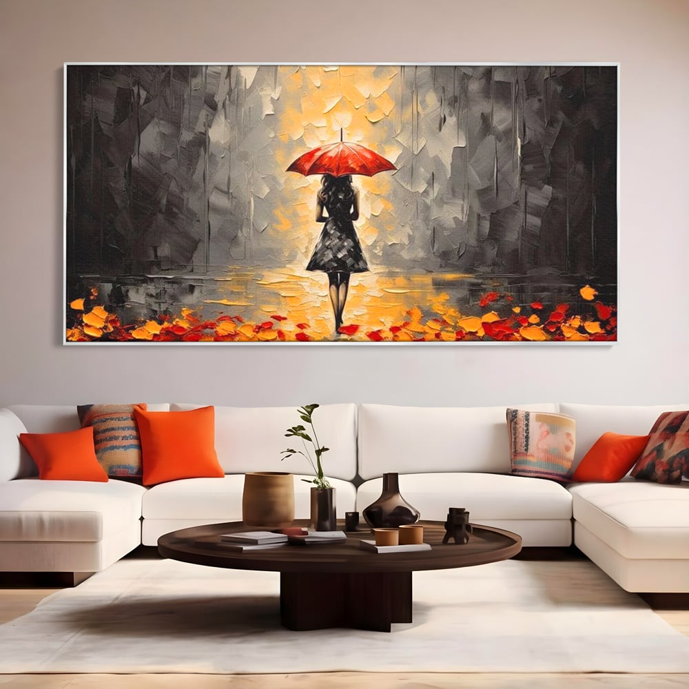Tablou canvas cu tablou canvas cu femeie sub umbrela rosie, in rama de aluminiu argintiu, pe perete intr-un living