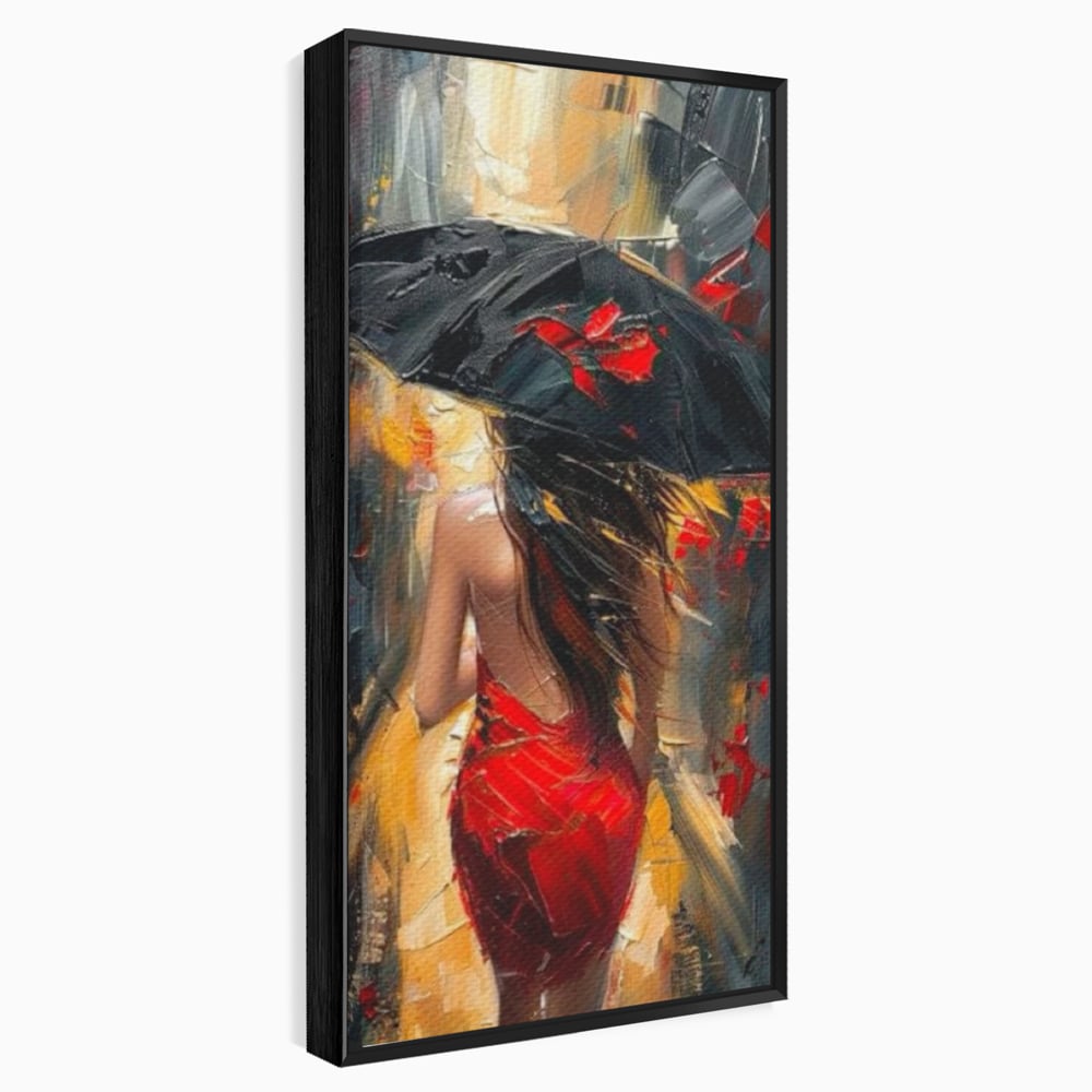 Tablou canvas cu pictura cu femeie si umbrela rosie, in rama de aluminiu negru