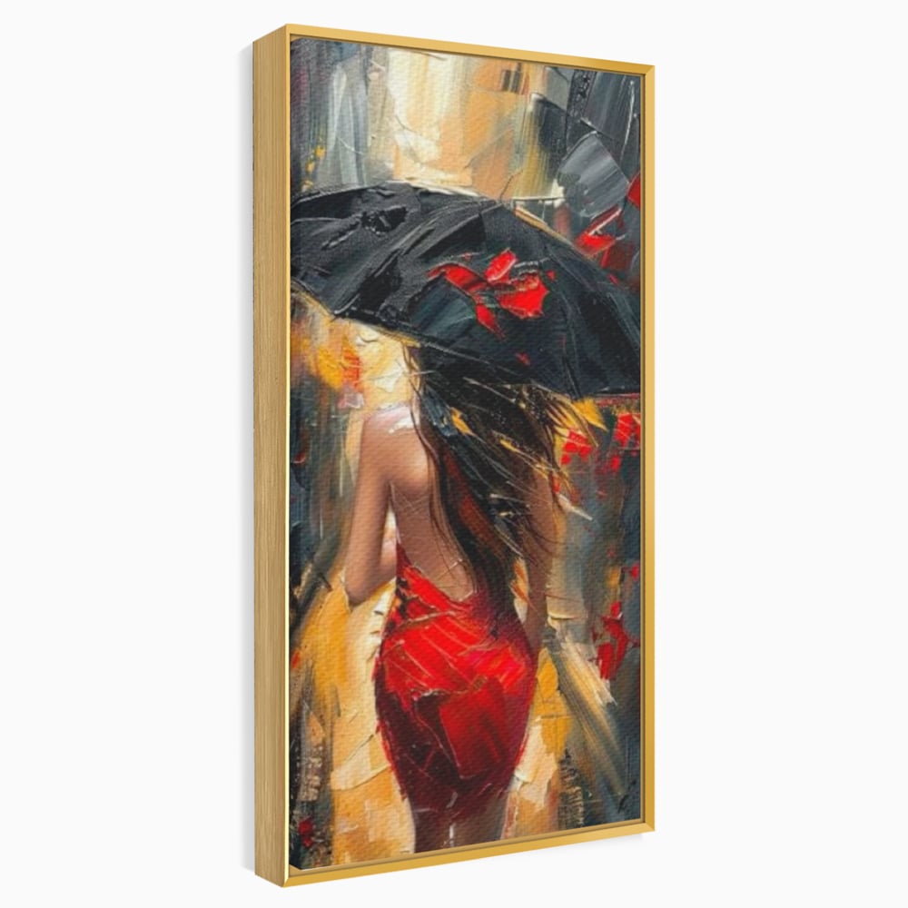 Tablou canvas cu pictura cu femeie si umbrela rosie, in rama de aluminiu auriu