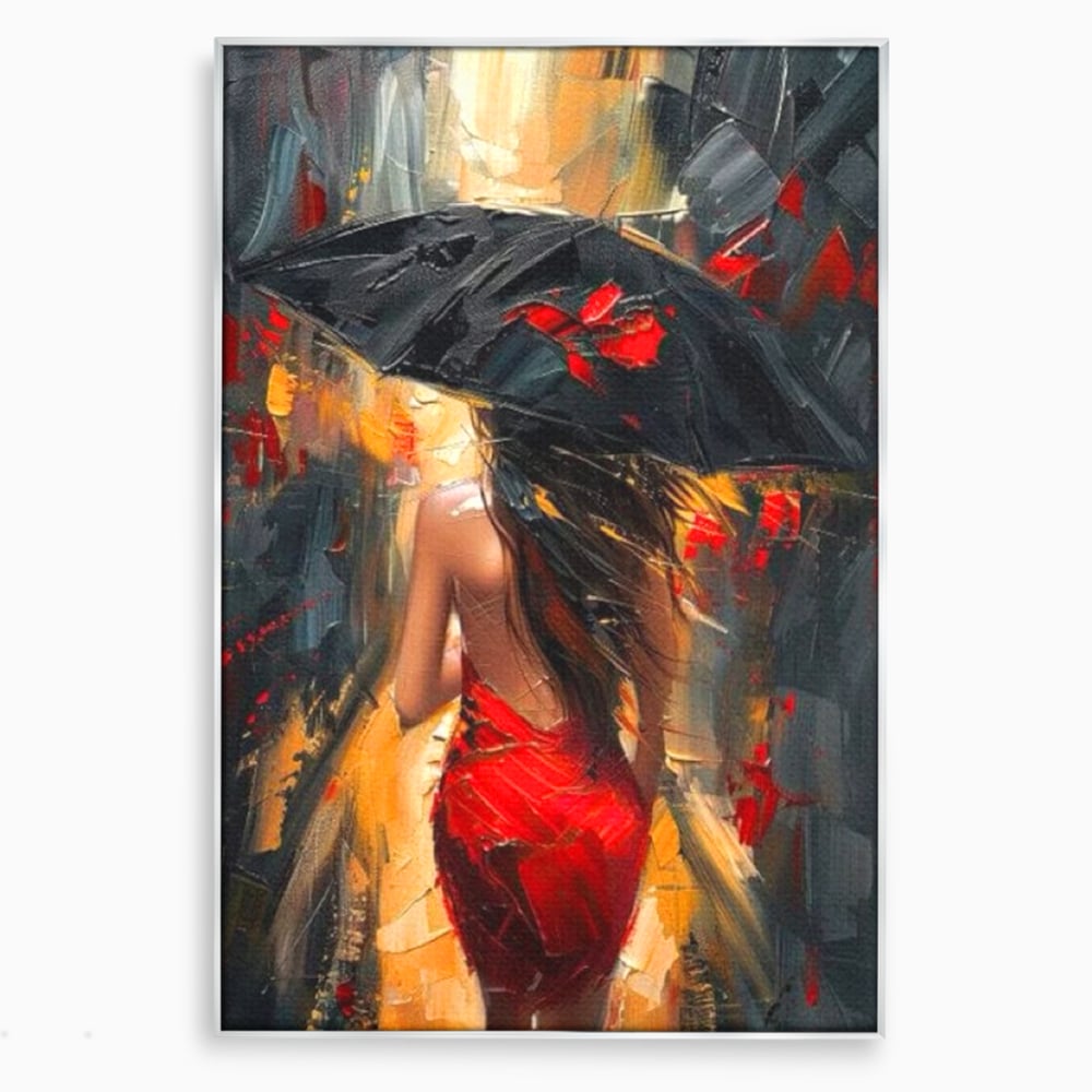 Tablou canvas cu pictura cu femeie si umbrela rosie, in rama de aluminiu argintiu