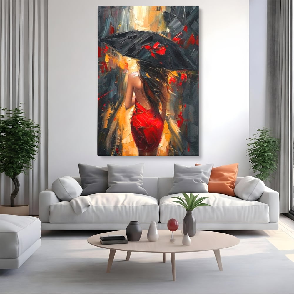 Tablou canvas cu pictura cu femeie si umbrela rosie, fara rama, pe sasiu de lemn, pe perete intr-un living