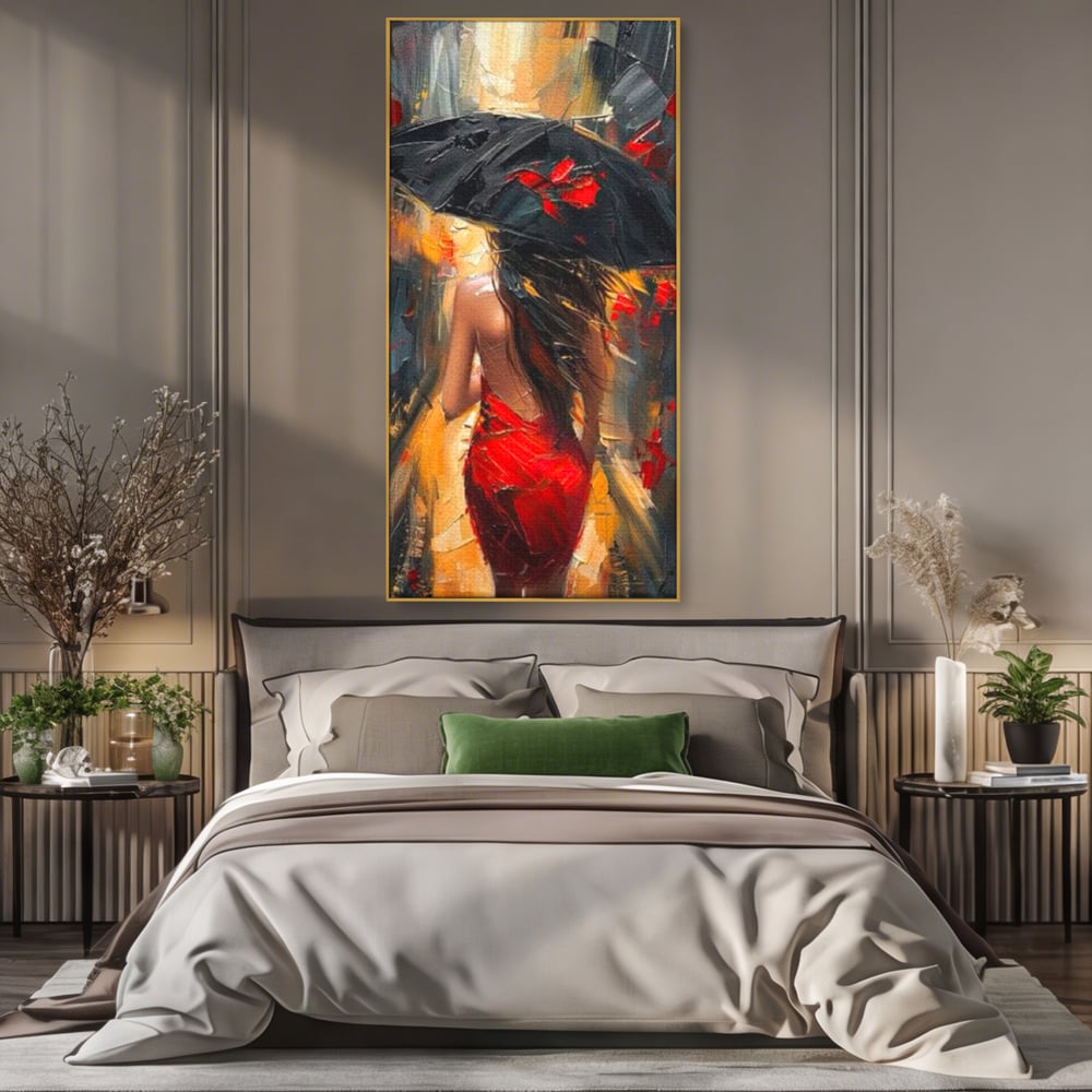 Tablou canvas cu pictura cu femeie si umbrela rosie, in rama de aluminiu auriu, pe perete intr-un dormitor