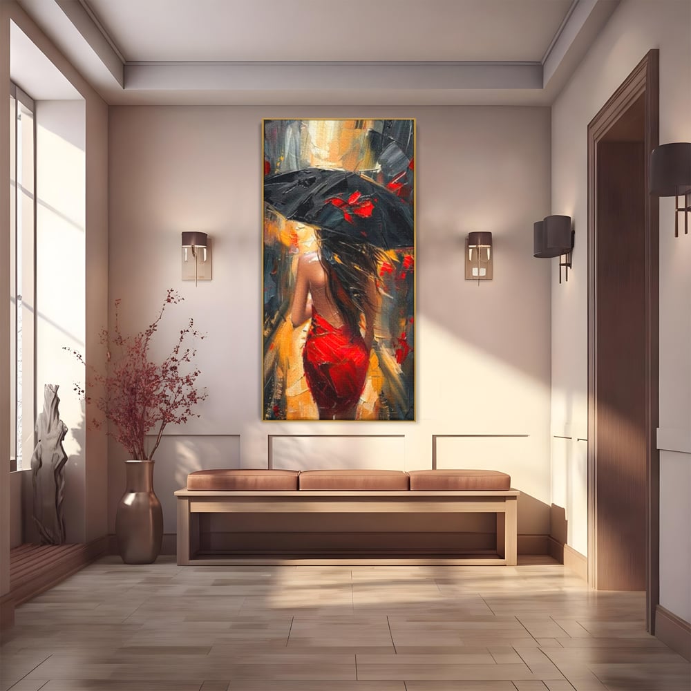 Tablou canvas cu pictura cu femeie si umbrela rosie, in rama de aluminiu auriu