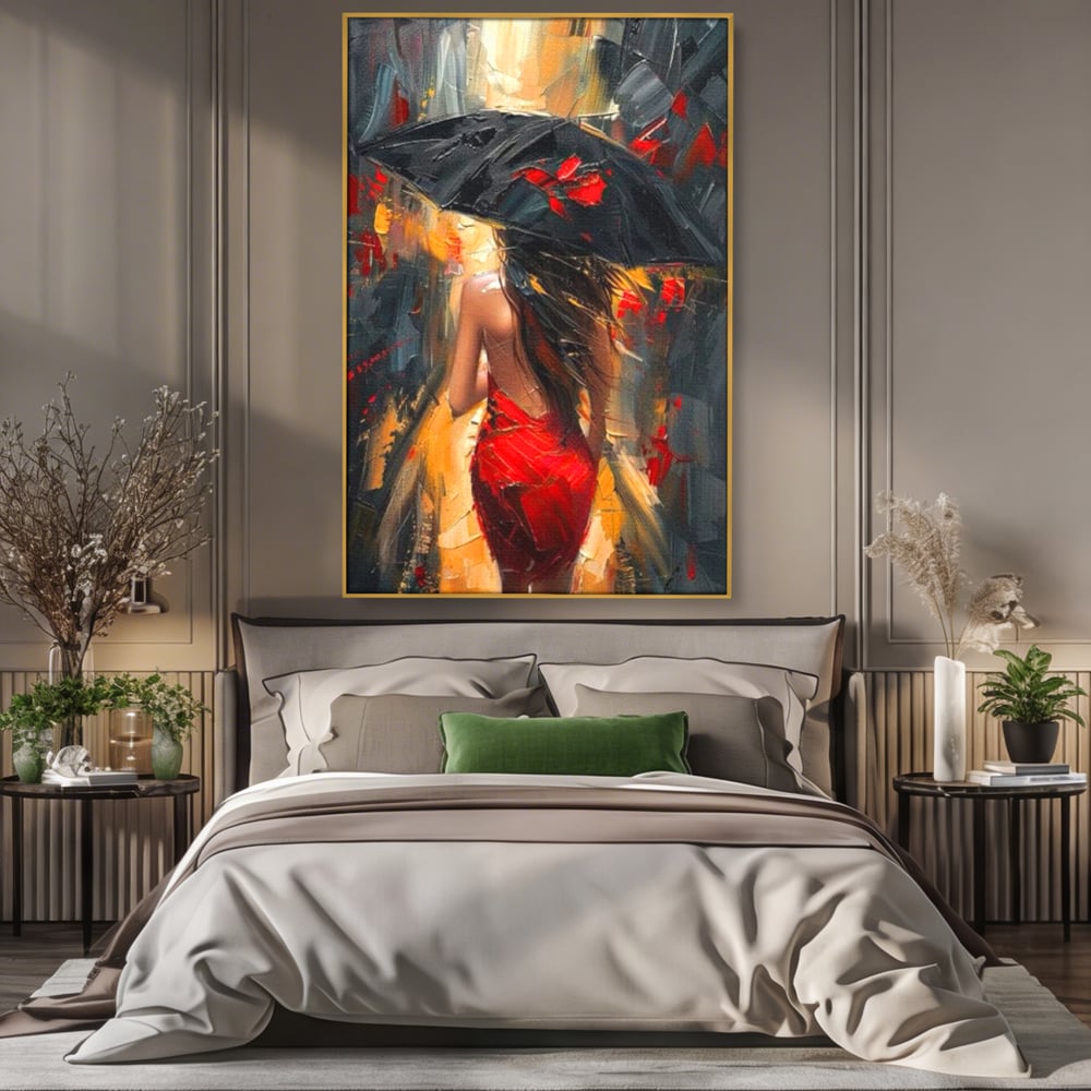 Tablou canvas cu pictura cu femeie si umbrela rosie, in rama de aluminiu auriu, pe perete intr-un dormitor