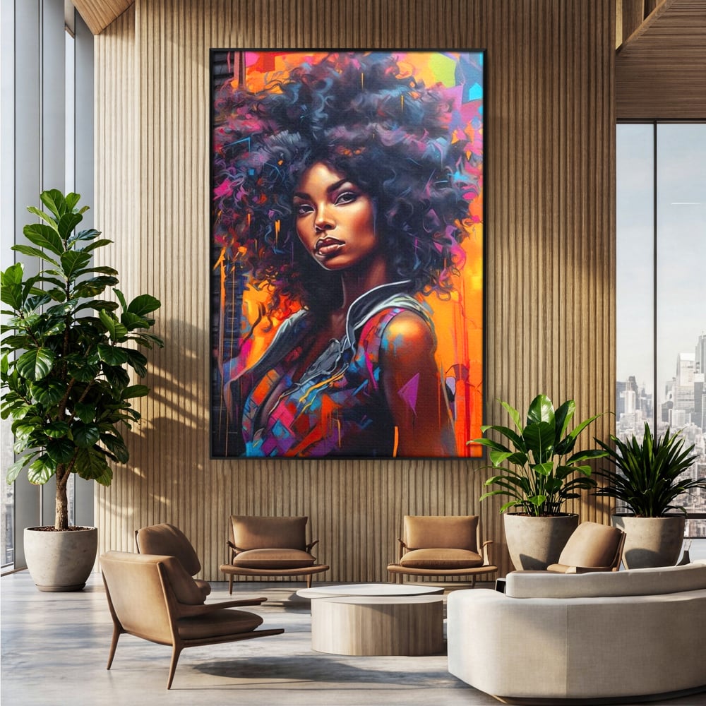 Tablou canvas cu tablou canvas cu portret urban afro, in rama de aluminiu negru, pe perete intr-un birou