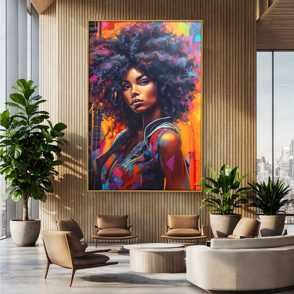 Tablou canvas cu tablou canvas cu portret urban afro, in rama de aluminiu auriu, pe perete intr-un birou
