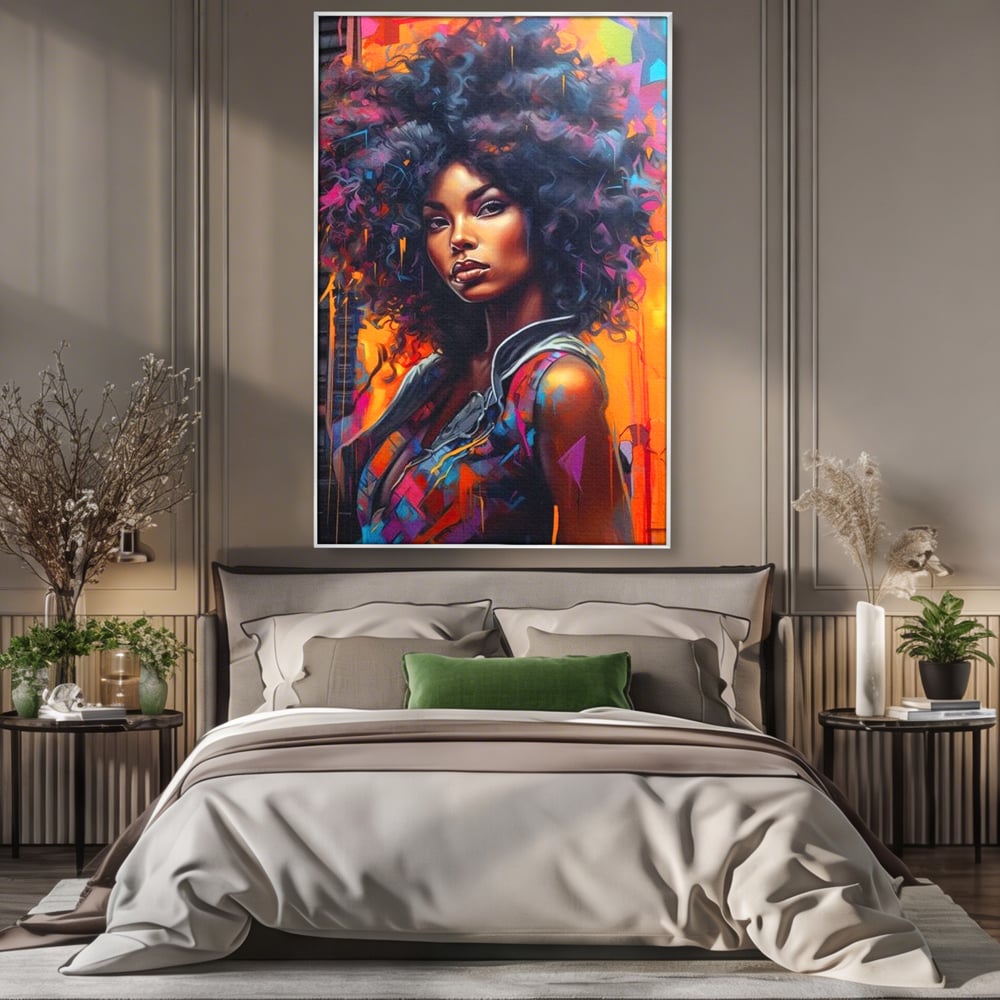 Tablou canvas cu tablou canvas cu portret urban afro, in rama de aluminiu argintiu, pe perete intr-un dormitor